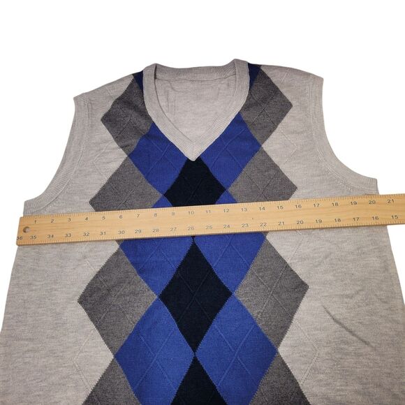 Men Argyle V-Neck Sweater Vest Winter Sleeveless Wool Knitted Gray & Blue Large - Picture 7 of 8